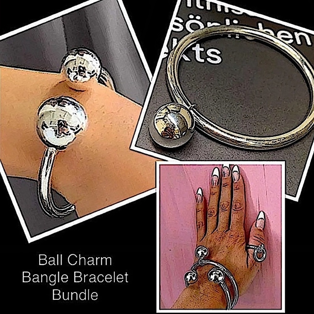 Ball Charm Sterling Silver Bangle Bracelet Ring Set